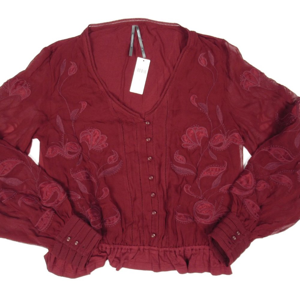 Anthropologie Embroidered Floral Buttondown Wine Red - Medium - Picture 4 of 7